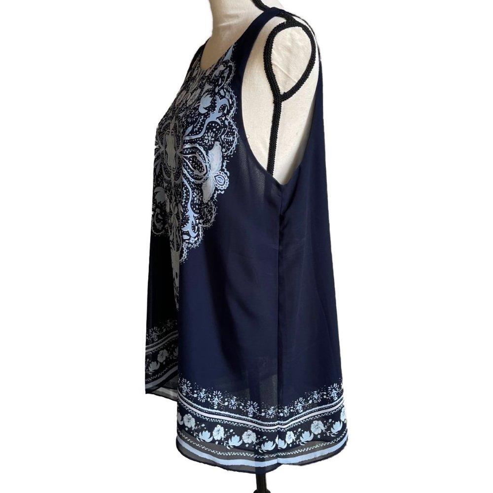 MAX STUDIO Sleeveless Tunic Top Sheer Crepe Navy Light Blue Lined XL - Picture 5 of 12